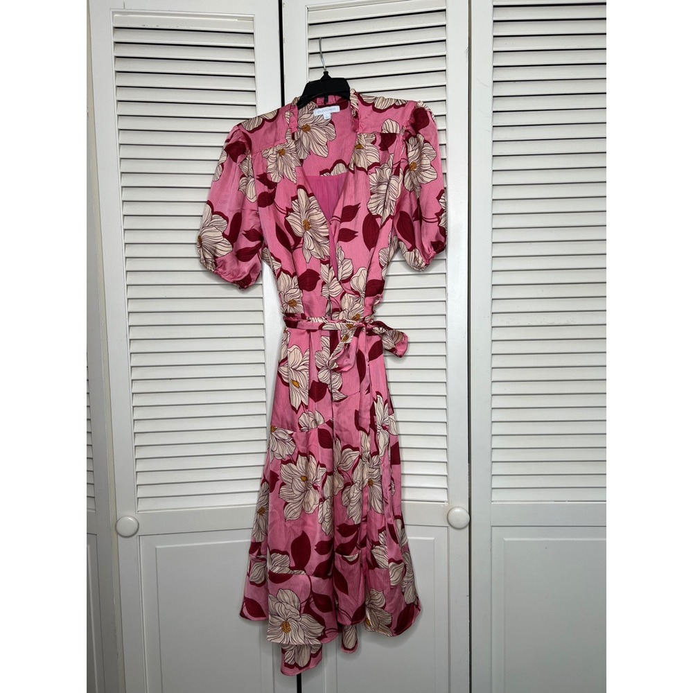 Draper James Pink Magnolia Floral Wrap Midi Dress L Puff Sleeve